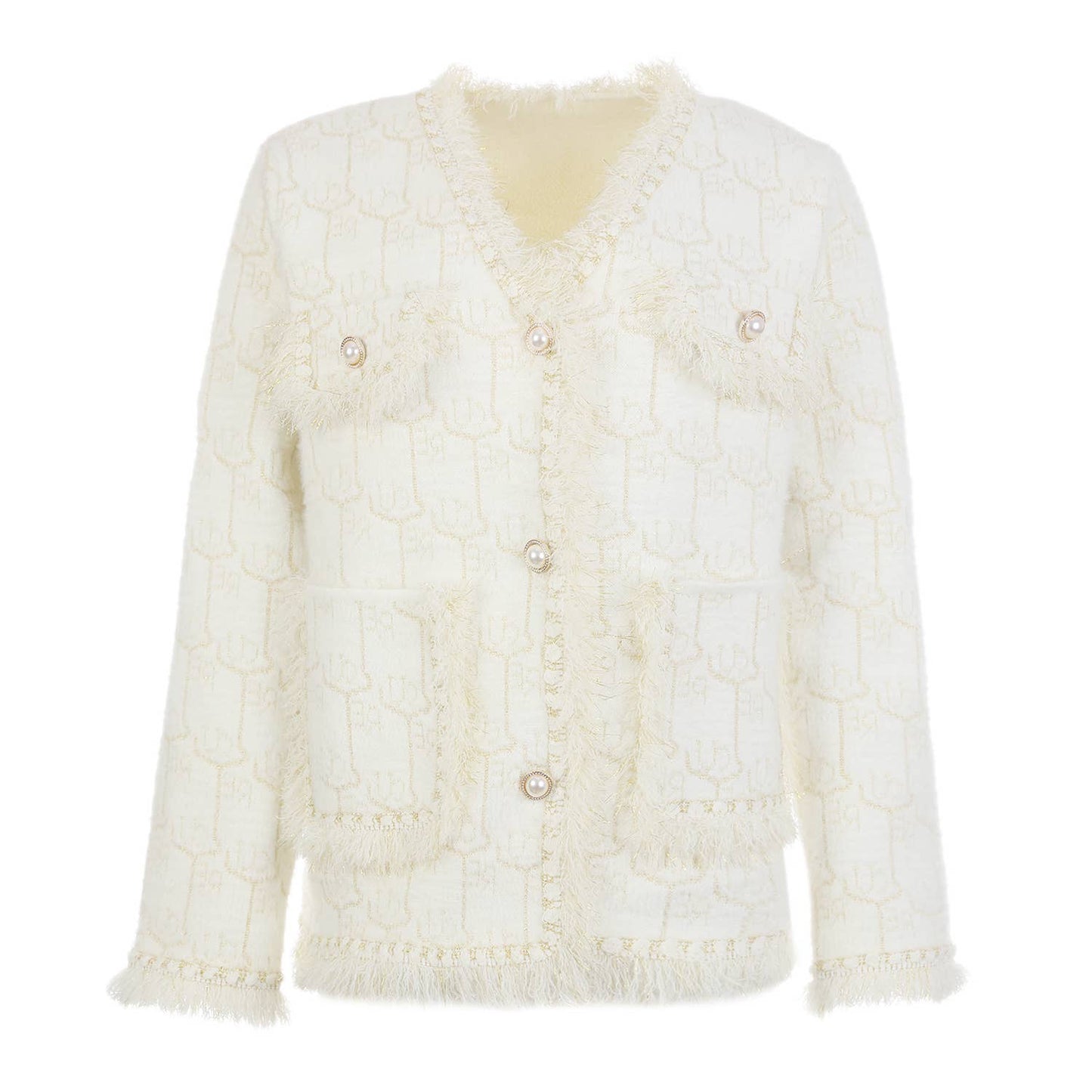PEACH ACCESSORIES -  Elegance Bouclé Cardigan with Pearl Accents SD190: Black