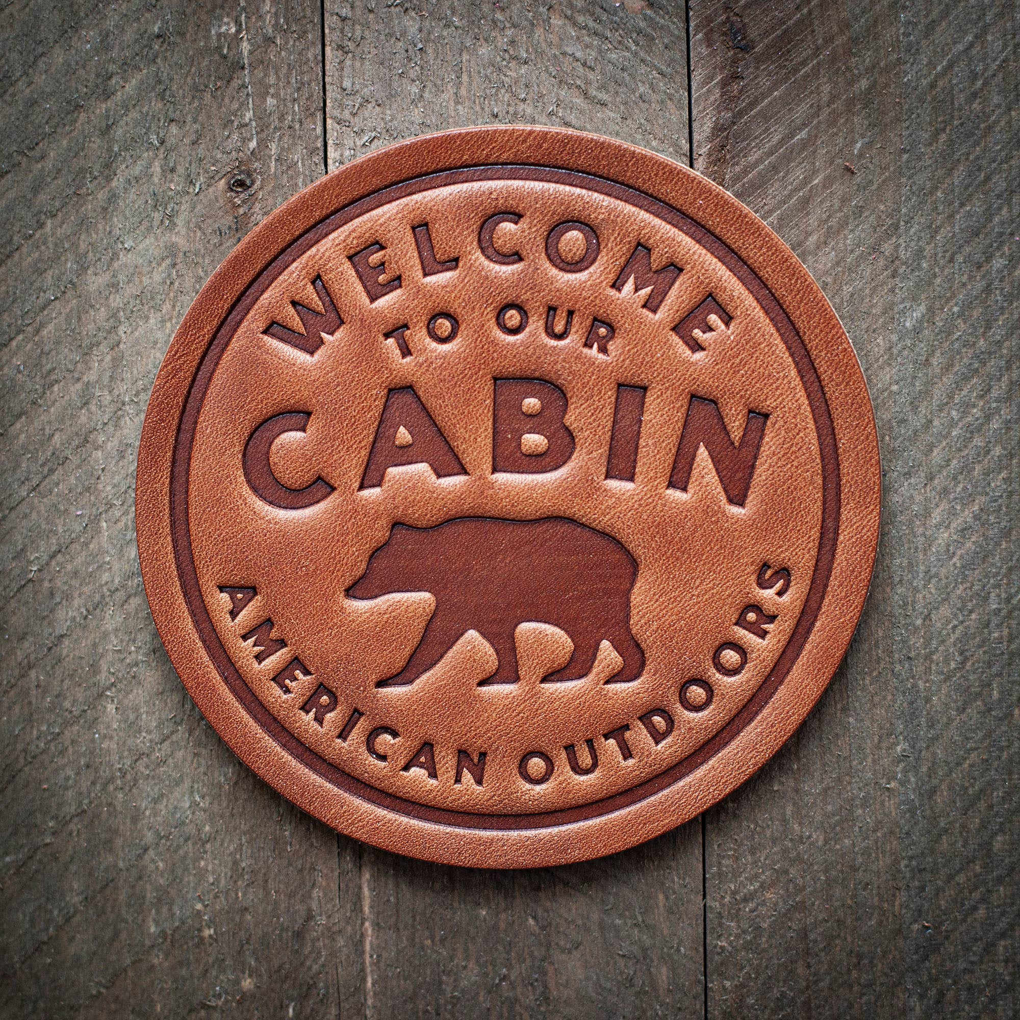 Sugarhouse Leather Welcome to Our Cabin Leather Coaster