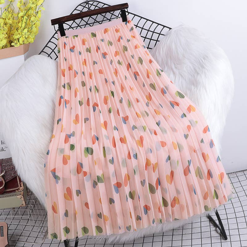 PEACH ACCESSORIES - SDK154 Hearts pattern pleated skirt: Cream