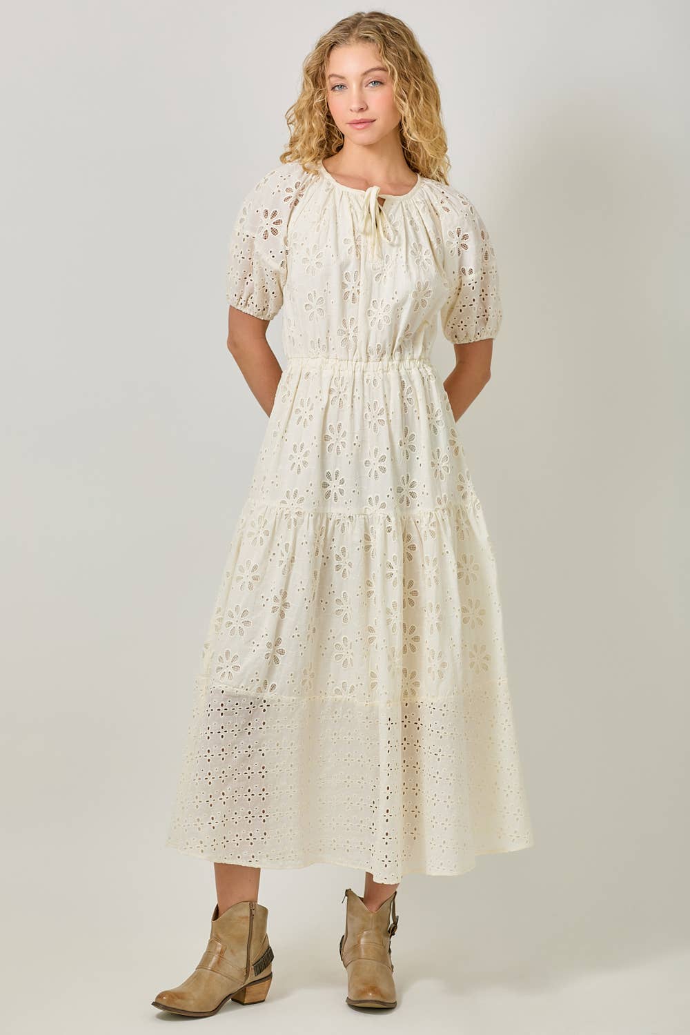 Mystree - 61037 Puff Sleeve Tiered Eyelet Dress: Ivory / Large