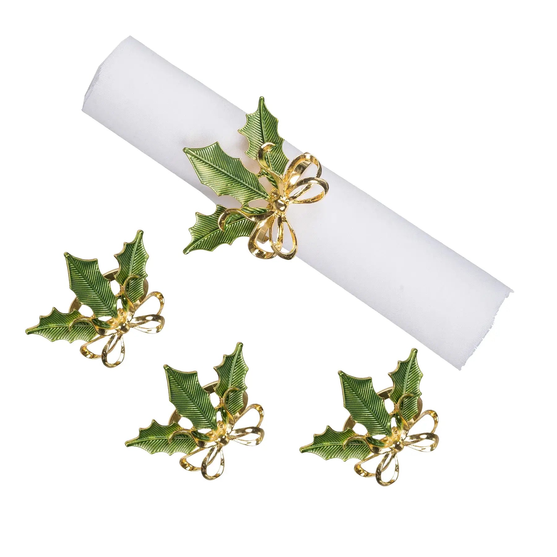 C&F Home Christmas Green & Gold Holly Napkin Ring Set