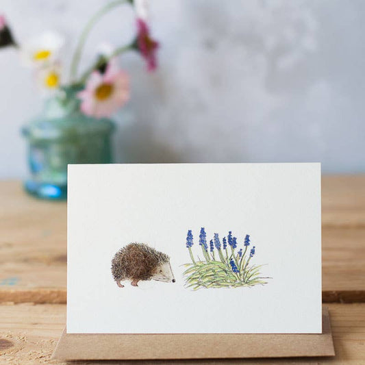 Papersheep UK - Hedgehog & Grape Hyacinths Mini Card | Wool Greeting Card
