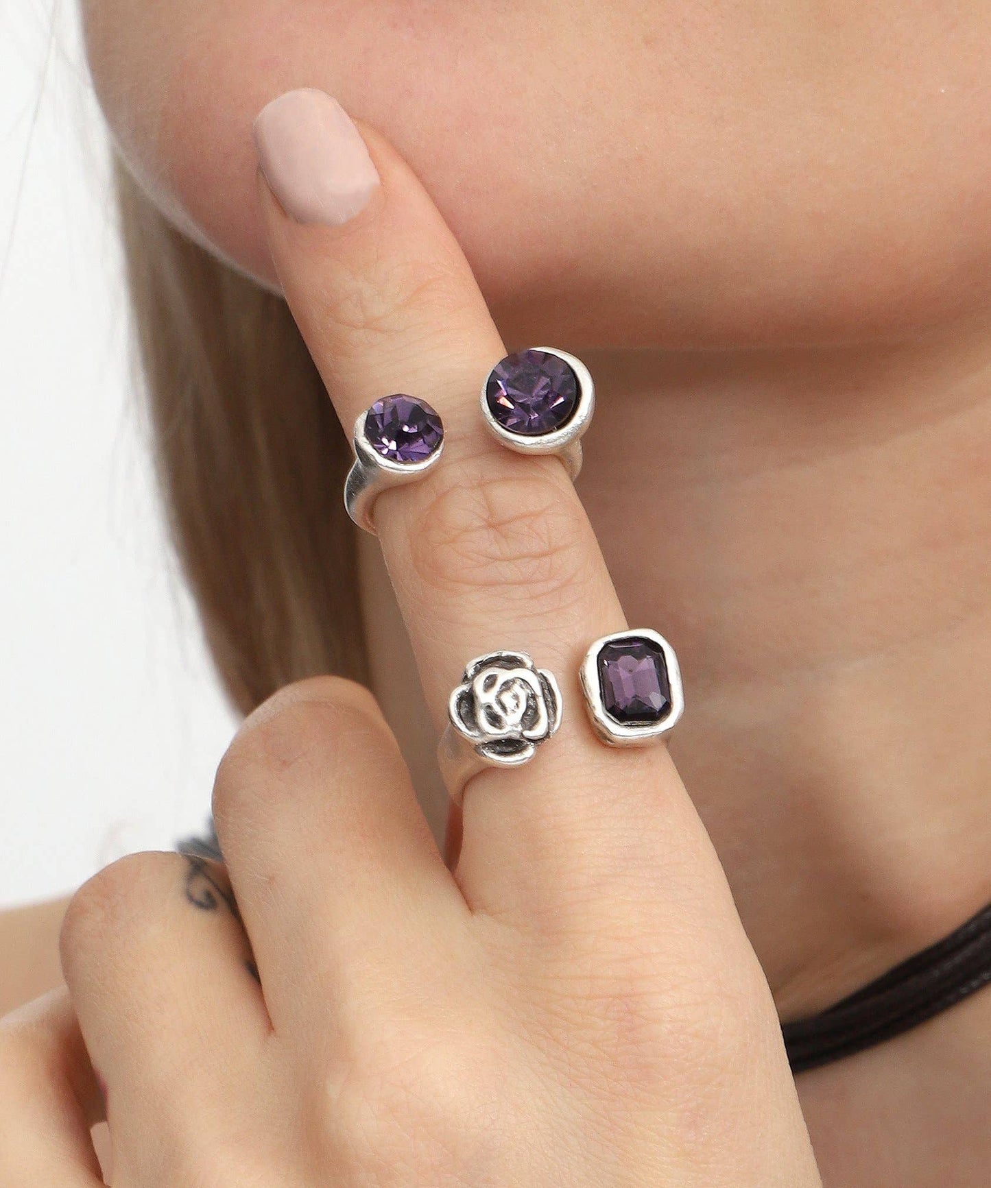 AVENS - Purple Crystal Stone Combined 2 Rings: Silver / Brass