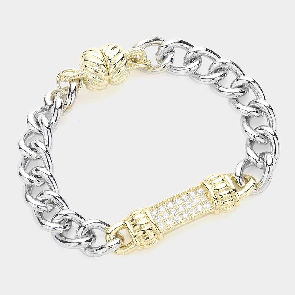 Sensibling Corp. - Two Tone 14K Gold Plated CZ Pave Bar Chain Magnetic Bracelet