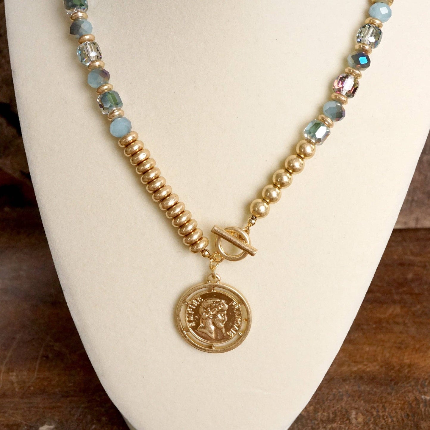 PennyLine inc - Front Toggle Coin Beaded Necklace With Glass and Golden Beads: Neutral