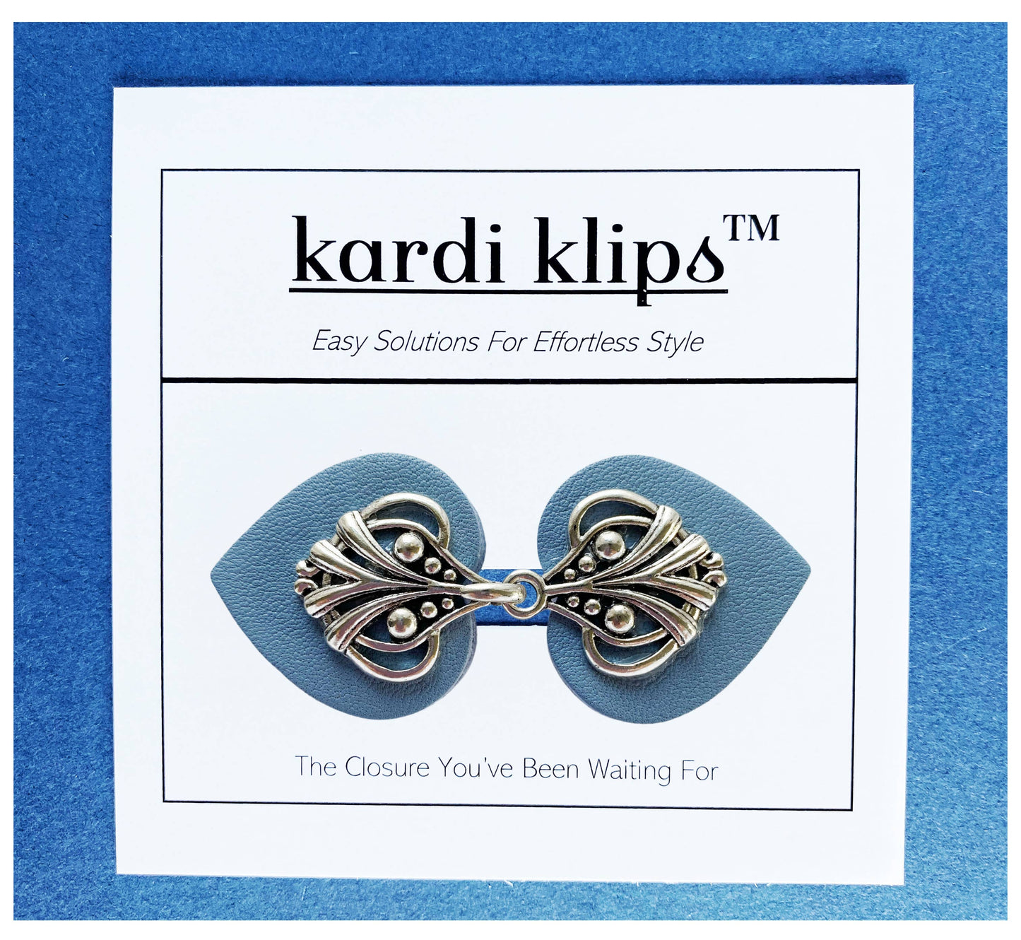 KardiKlips - Dress Cinch Clips for Clothes, Silver on Blue Leather