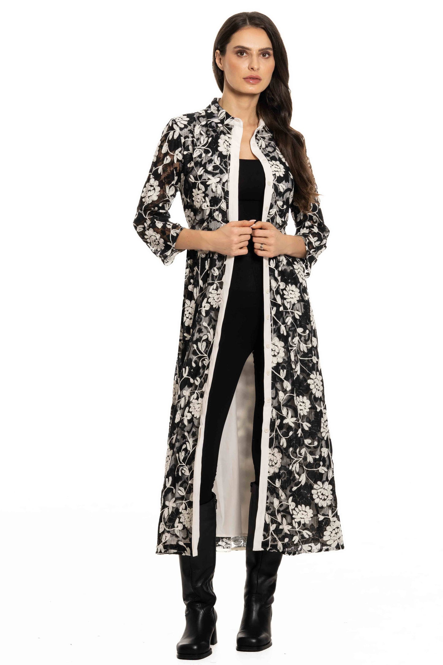 Adore - L3673-1 - White Trim Belted Lace Duster: XL