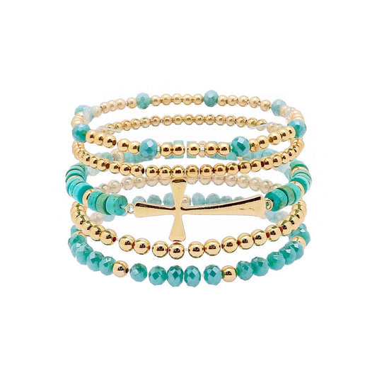 What's Hot - Set of 5 Gold, Turquoise Crystal, and Gold Cross Stretch Bracelet Set
