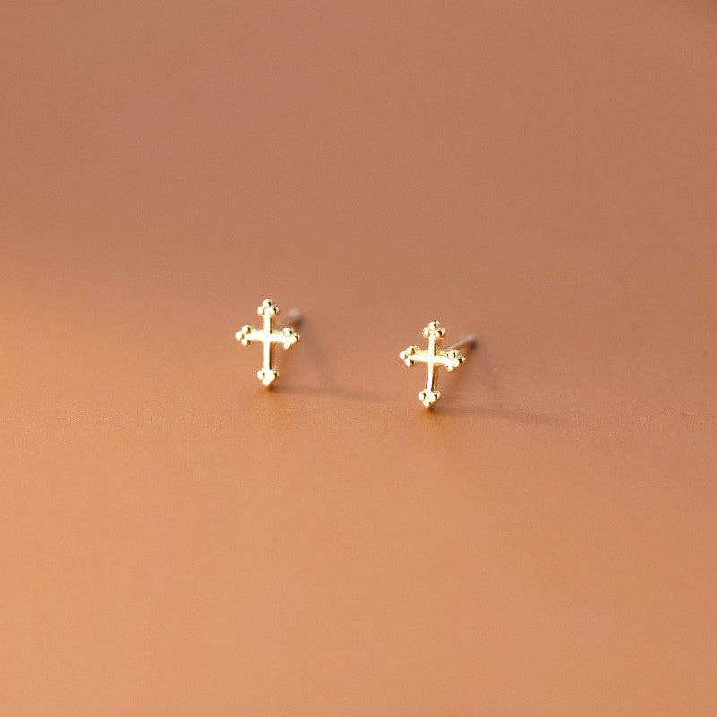 Perimade & Co. LLC - Simple Dainty Cross Stud Earrings in 925 Sterling Silver: Gold
