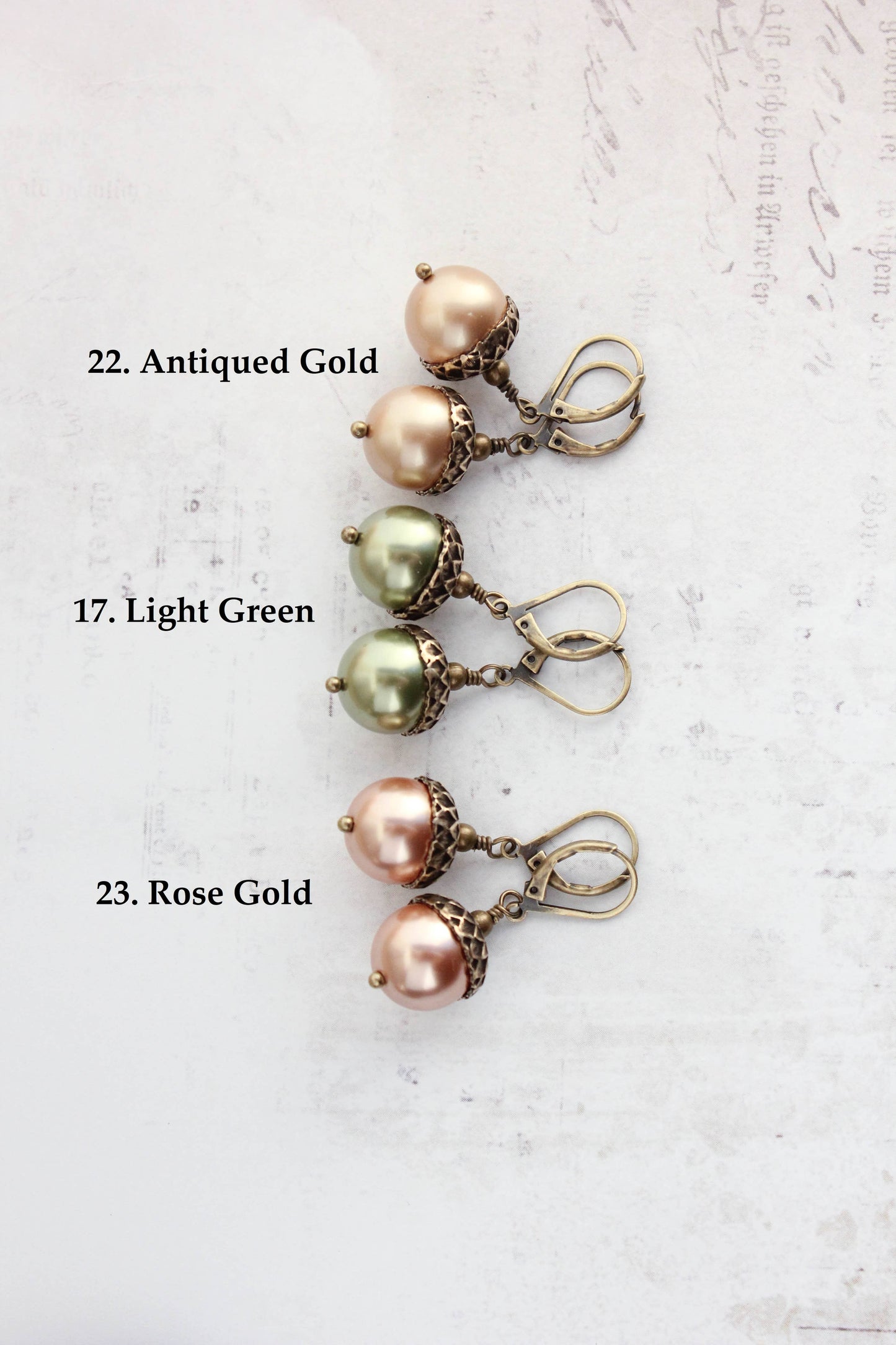 A Pocket of Posies - Pearl Acorn Earrings - ANTIQUED BRASS (23 colors): 4) Pink Champagne