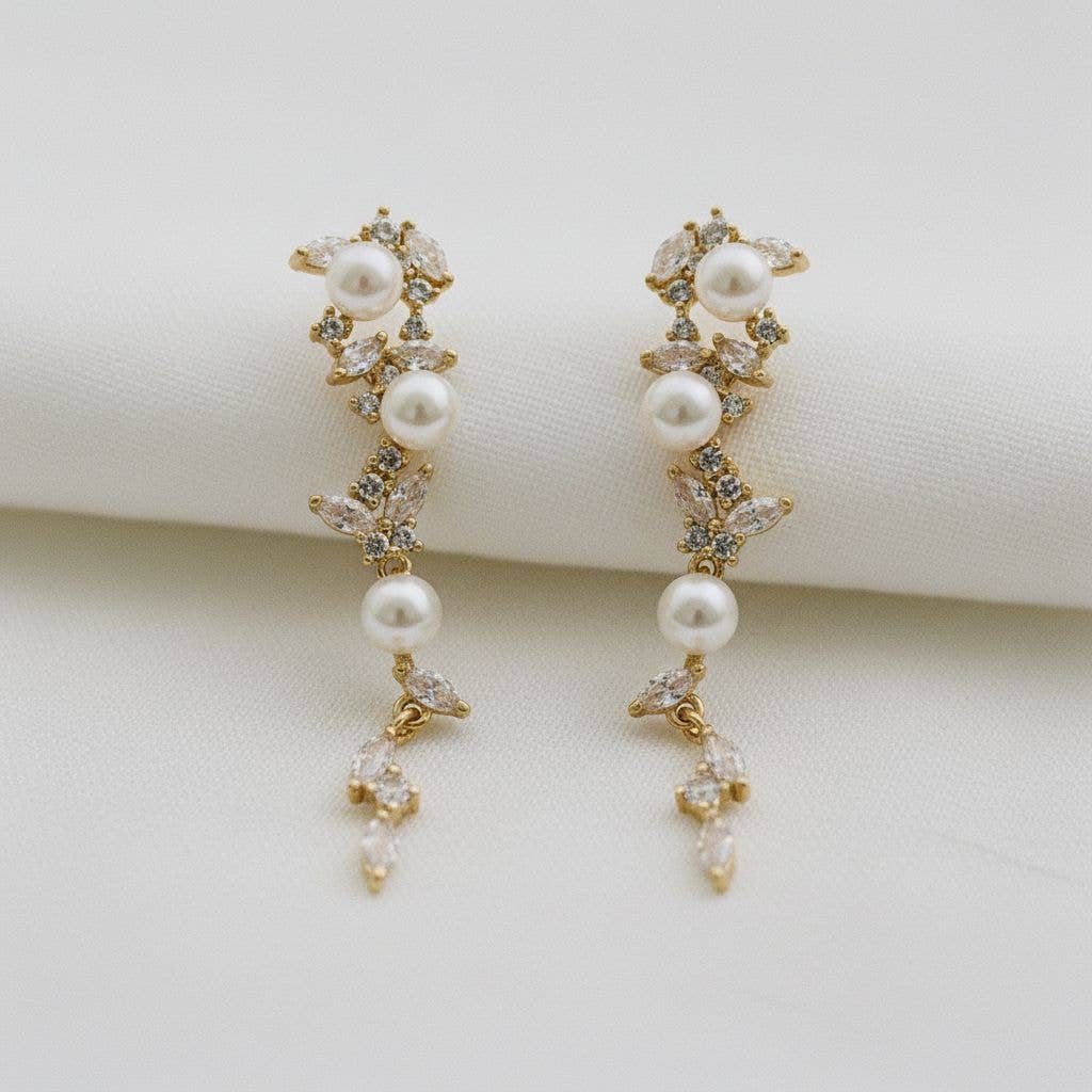 Ellemadera - Zircon Leaf Pearl Tassel Dangle Earrings