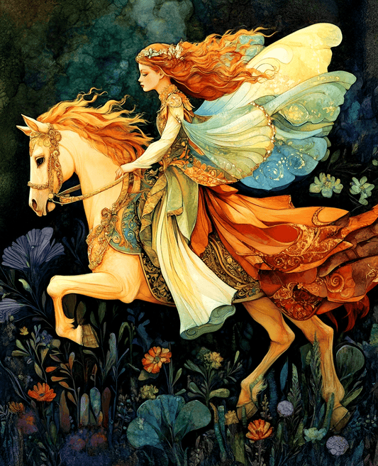 Mowbi - Fairy on White Stallion - Fairies Wall Art Prints – 8″x10″ Artwork for 11″x14″ Frame