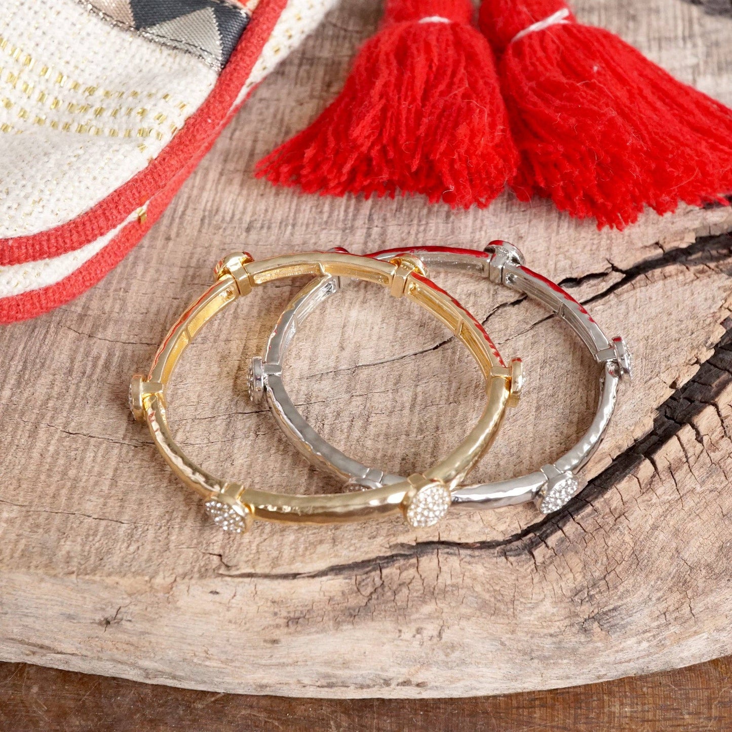 PennyLine inc - Stretchy Bangle with Crystal Pavé Round Accents – Gold or Silver Tone: Gold Tone