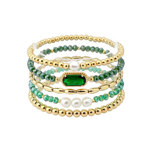 What's Hot - Set of 5 Green Crystal, Pearl, and Gold Stretch Bracelets
