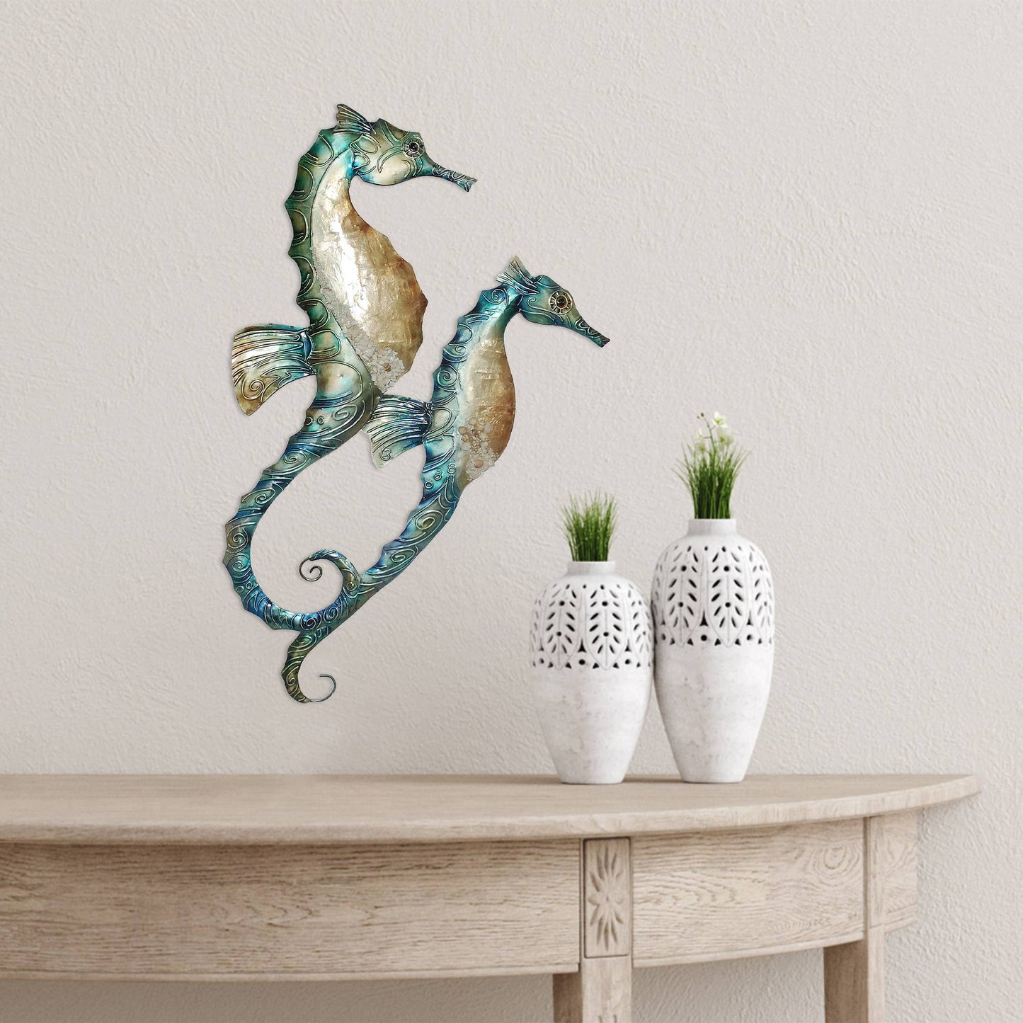 Eangee Home Design - Seahorse Duo Wall Decor Blue, Capiz & Metal, Outdoor Safe