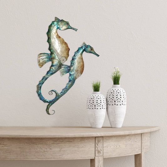 Eangee Home Design - Seahorse Duo Wall Decor Blue, Capiz & Metal, Outdoor Safe