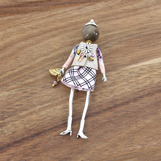 Pretty Persuasions - B24109C Stone Adorned French Doll Stainless Steel Brooch: 06 SL/ Pink Leaf/Plaid