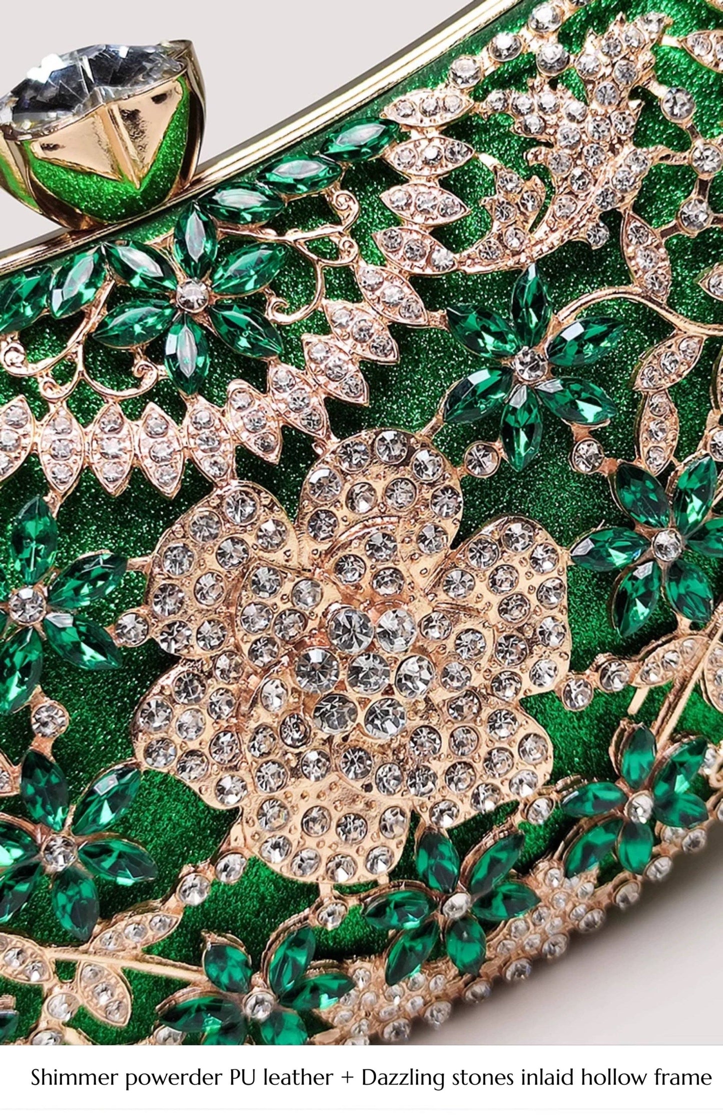 Cici’De Jewelry Amsterdam - Emerald Green Dazzling Half Moon Clutch - Gold Flower Frame