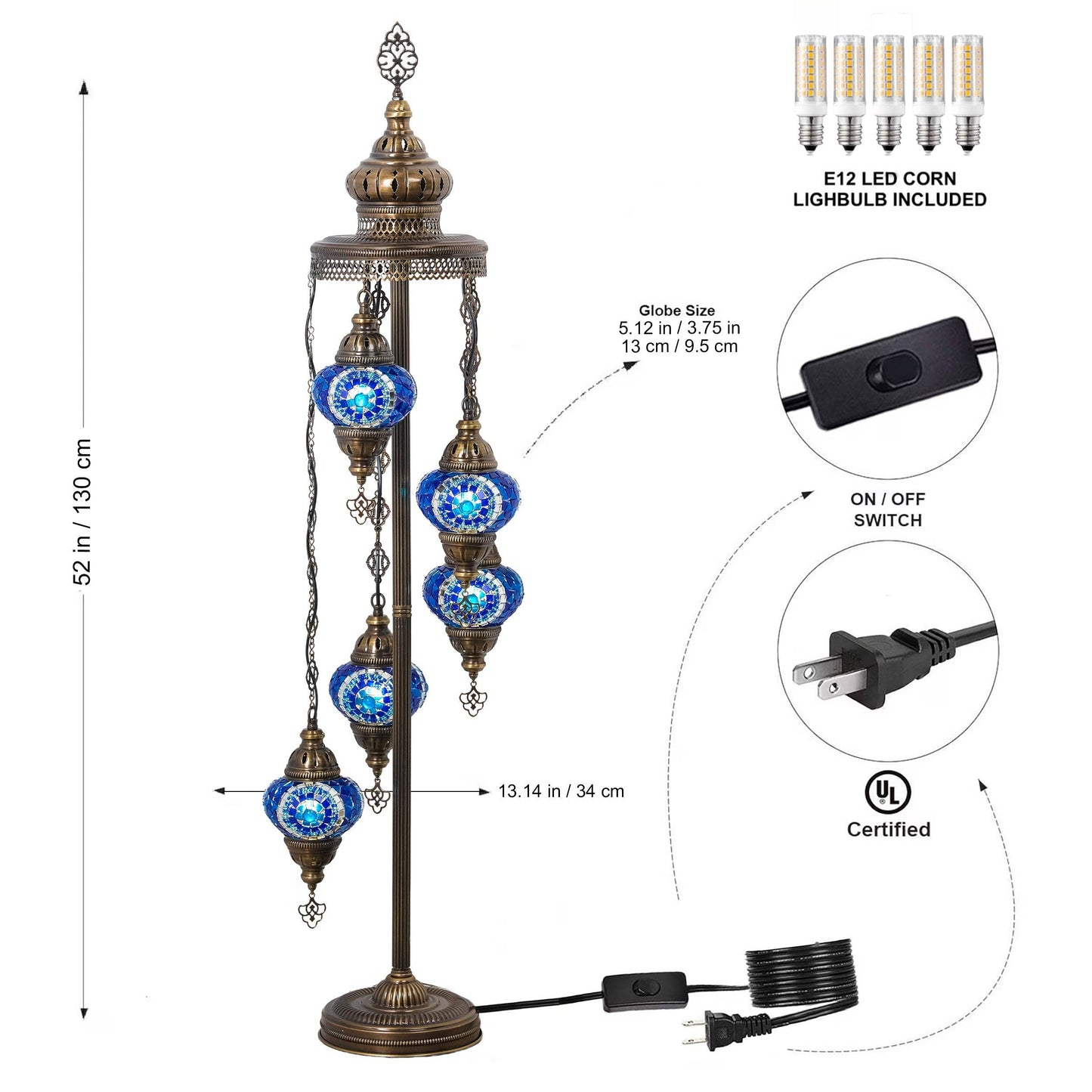 Mozaist - 5-Globe Turkish Mosaic Floor Lamp (Blue)