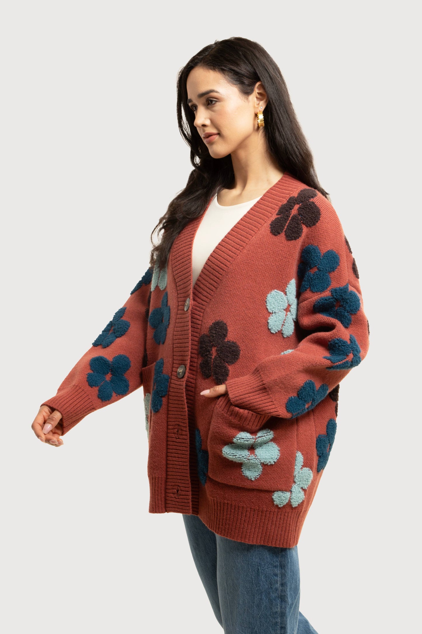 SAACHI - Autumn Floral Knit Cardigan: Green