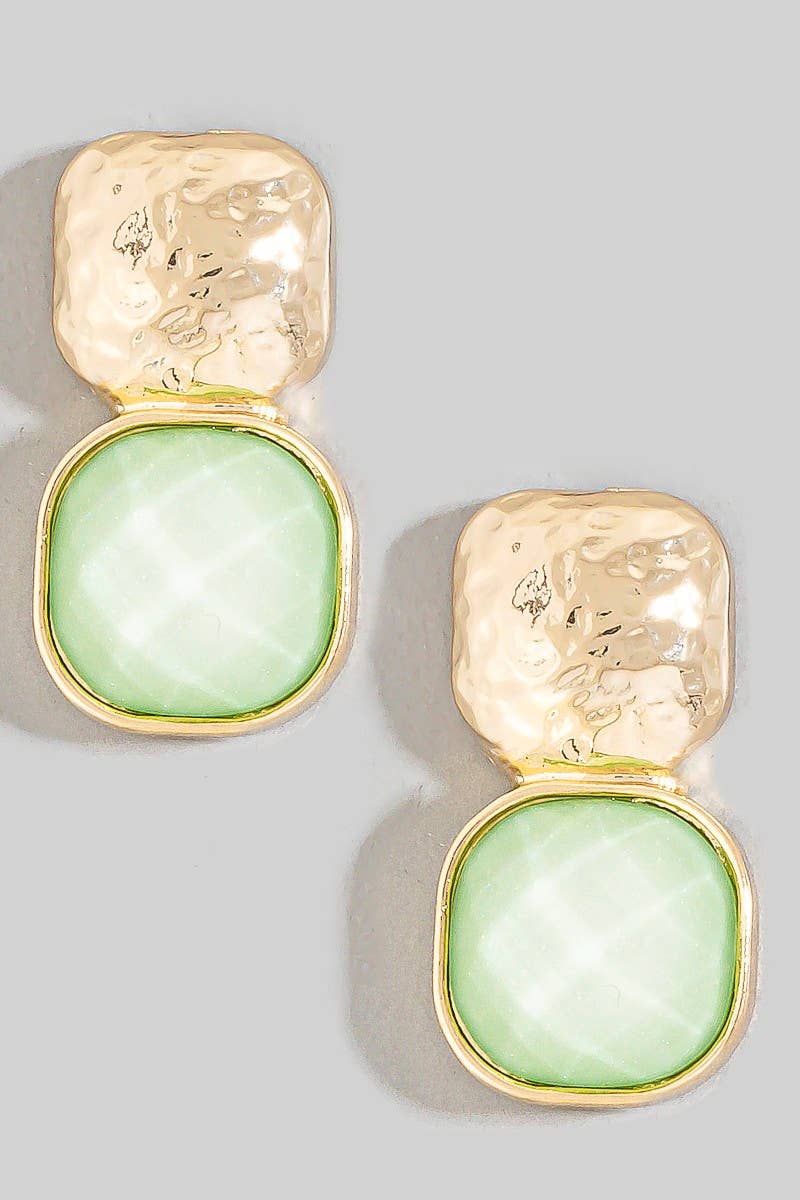 anbfashion - HAMMERED METAL SQUARE STONE EARRING : Gdgrn