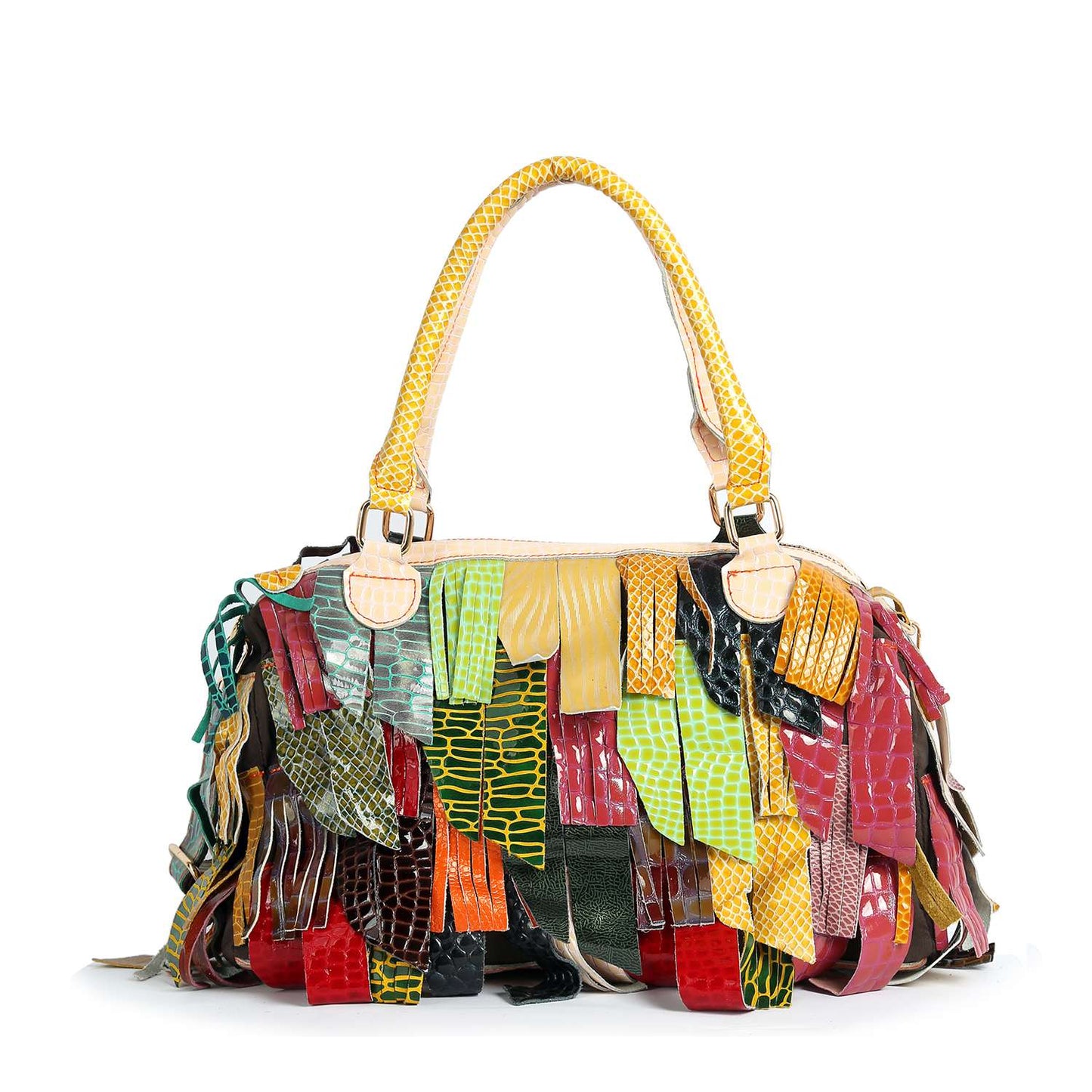 Handbag Express - Genuine Leather Patchwork Fringe Satchel: Multi