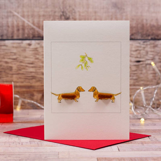 Papersheep UK - Red Dachshunds under the Mistletoe Christmas card| Textured
