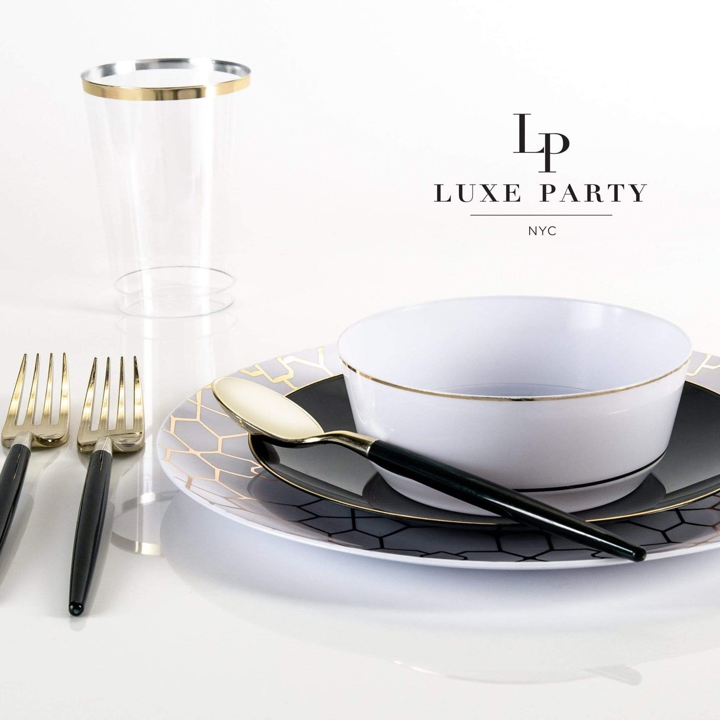 Luxe Party - Round Black • Gold Plastic Plates | 10 Pack: 10.25" Dinner Plates