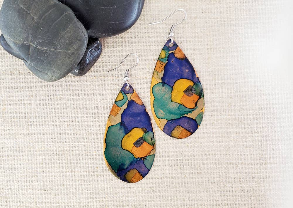 Covaly Artisan Jewelry - Alcohol Ink Large Teardrop Earrings: Reds
