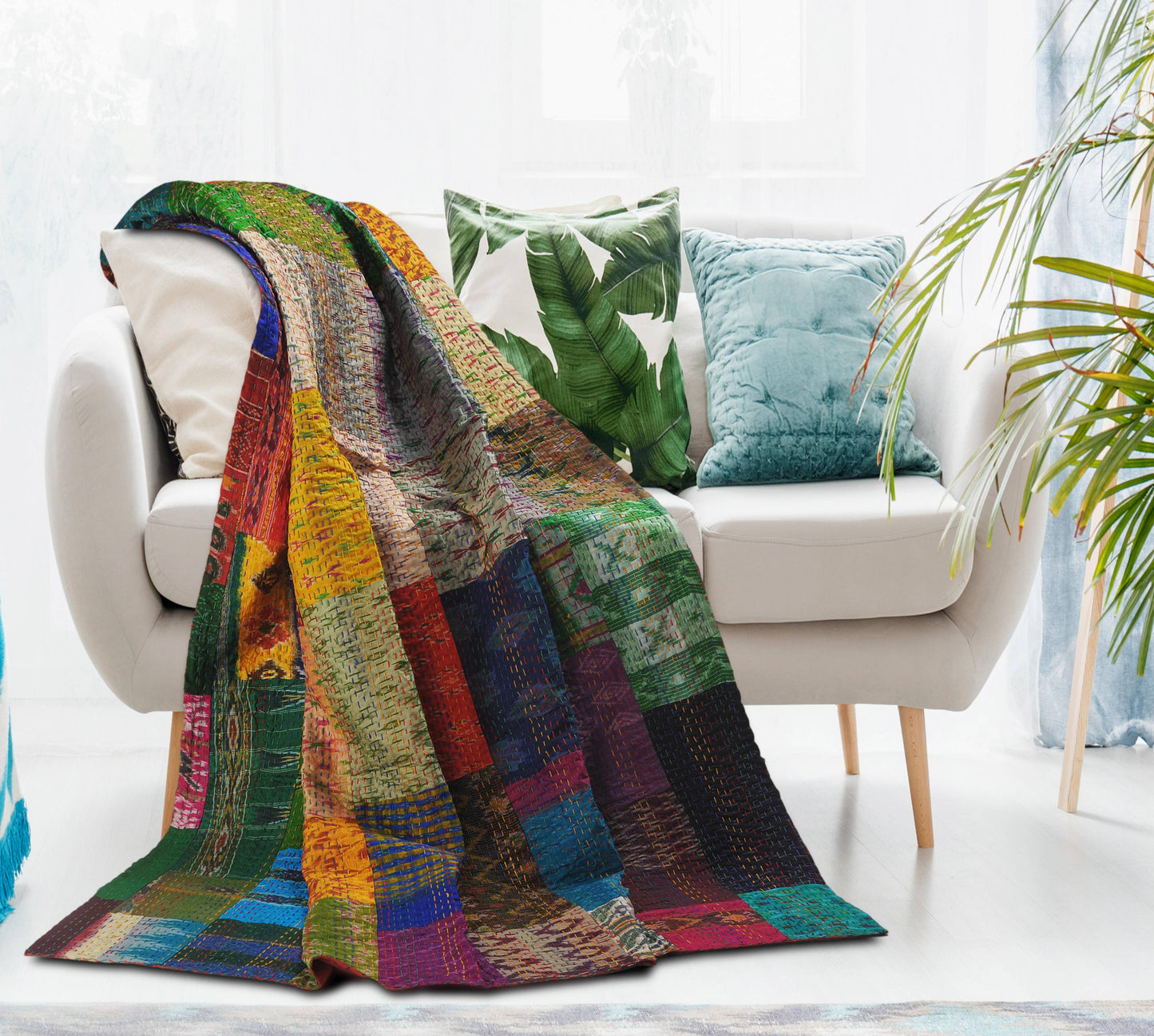 LR Home - Traditional Patola Kantha Throw Blanket: Multi