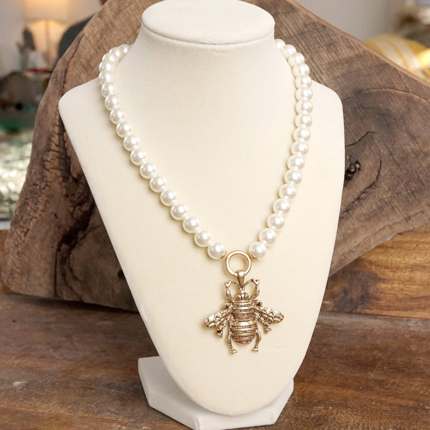 PennyLine inc - Boho Bee Pearls Statement Timeless Necklace in Worn Gold