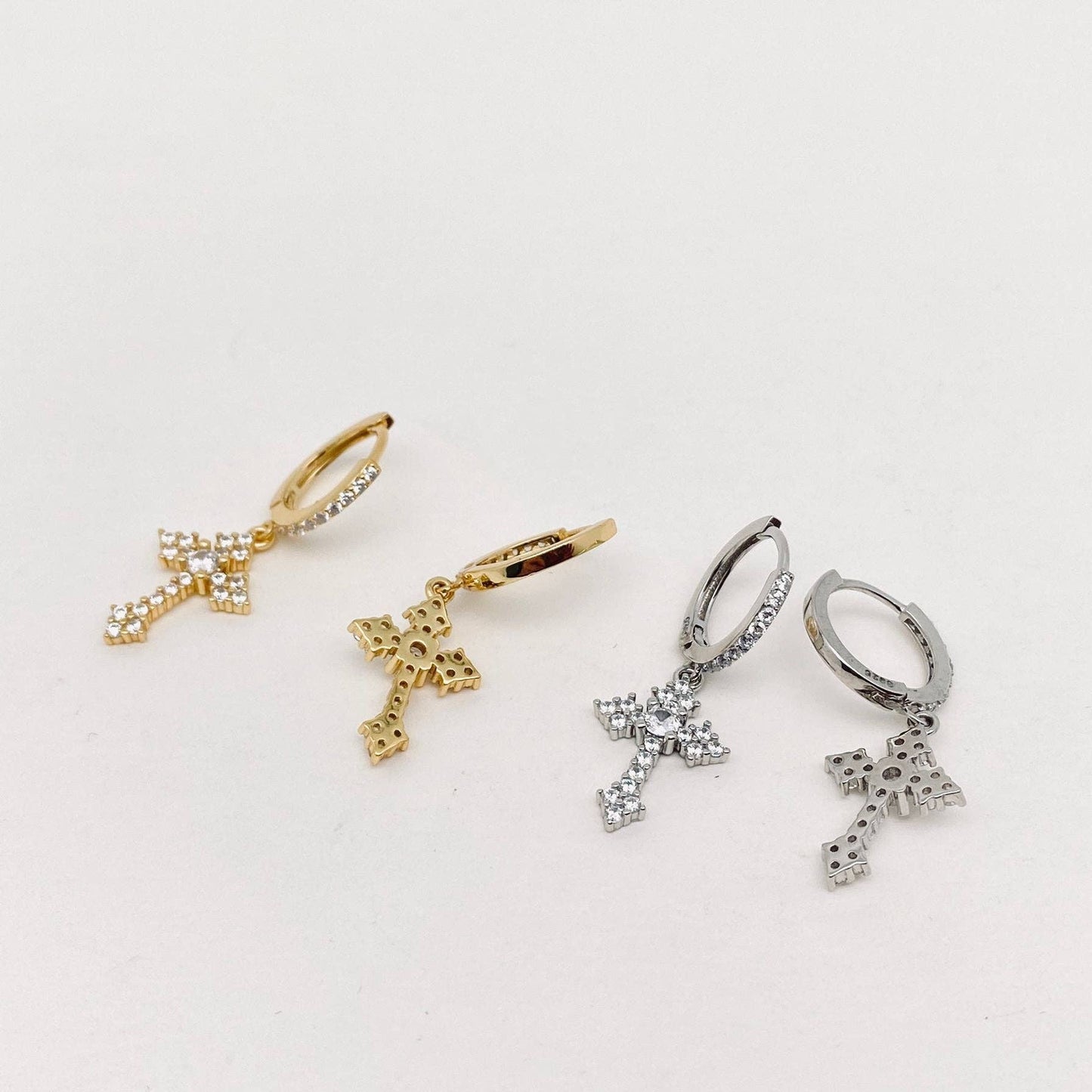 Mio Queena - Mini Zircon Cross Pendant S925 Silver Huggie Earrings: Golden