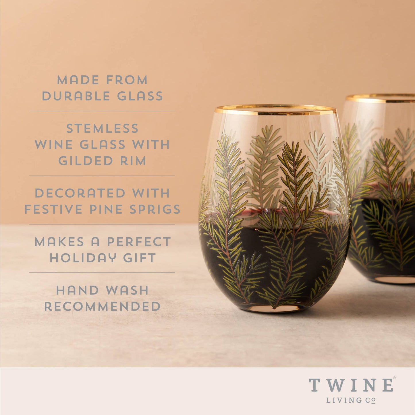 Twine - Gold-Rimmed Woodland Stemless Wine Glasses - Set of 2