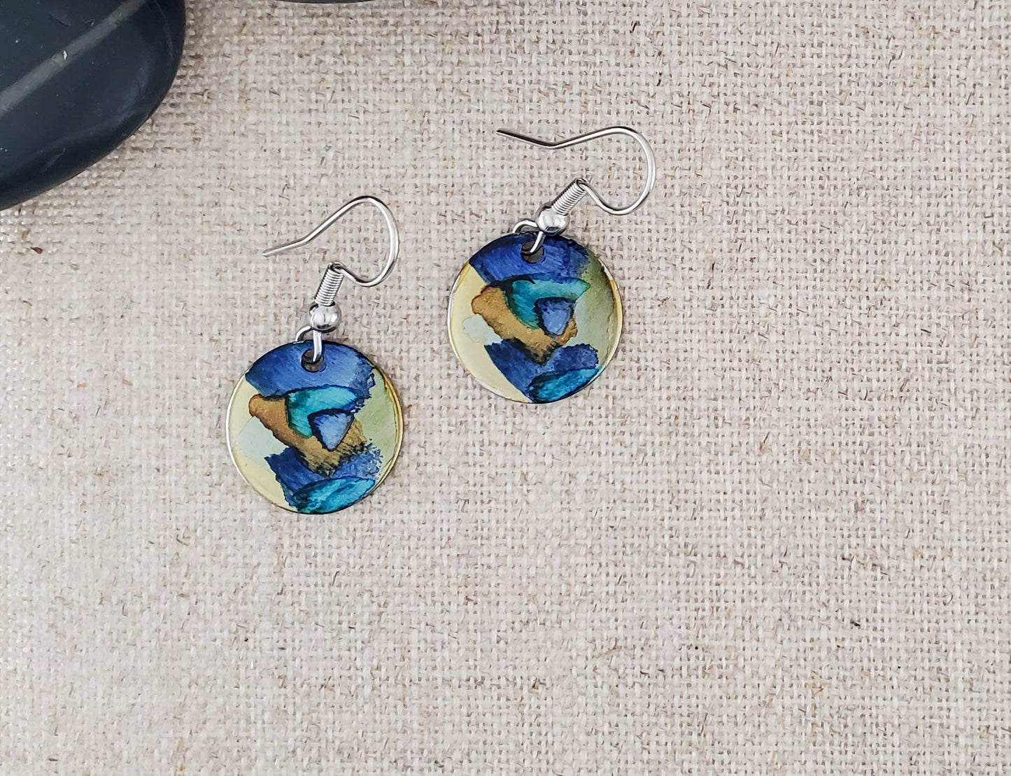 Covaly Artisan Jewelry - Alcohol Ink Stainless Steel Small Circle Earrings: Blue/Browns