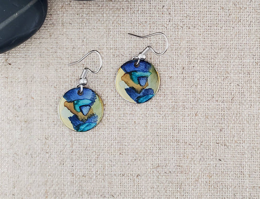 Covaly Artisan Jewelry - Alcohol Ink Stainless Steel Small Circle Earrings: Blue/Browns