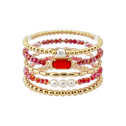 What's Hot - Set of 5 Red Crystal, Pearl, and Gold Stretch Bracelets