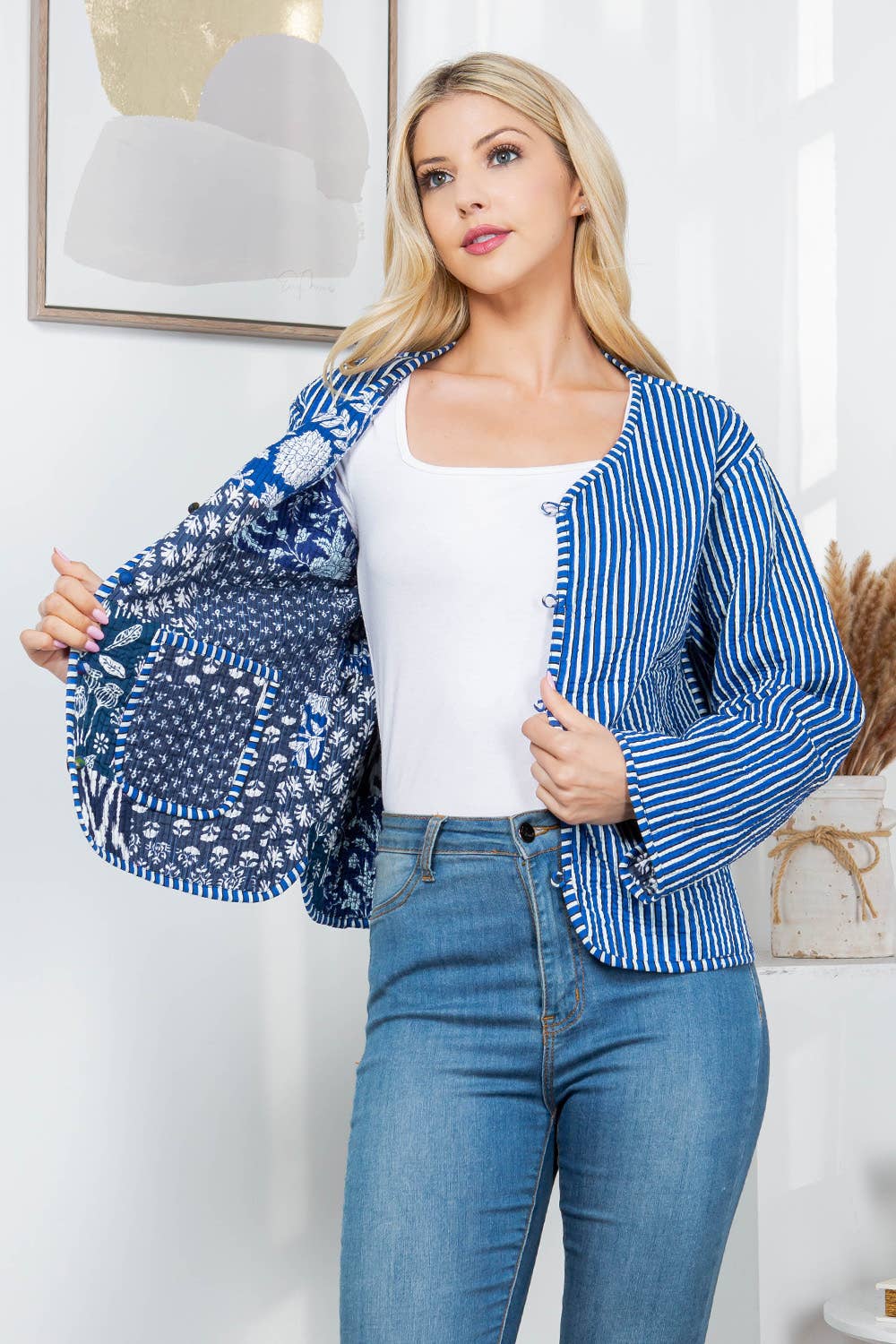 LA Soul - Floral Print Quilted Patch Cotton Jacket - Blue: S