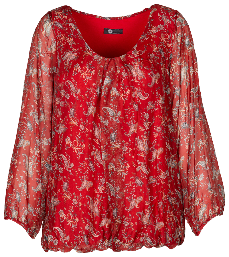 M Made In Italy - Long Sleeve Top With Floral Print Plus Size: Red Combo / 2X