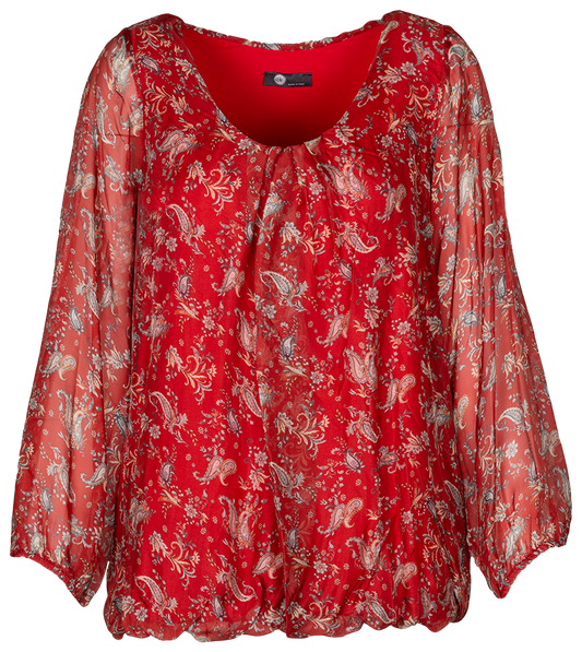 M Made In Italy - Long Sleeve Top With Floral Print Plus Size: Red Combo / 2X