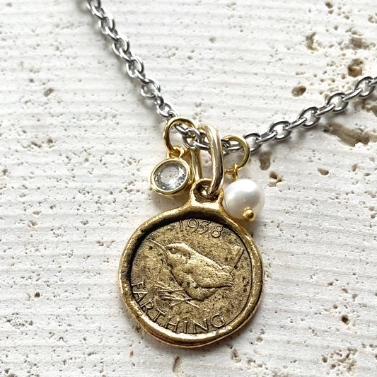VB&CO Designs Handmade Jewelry - Farthing coin necklace England English royal jewelry bird