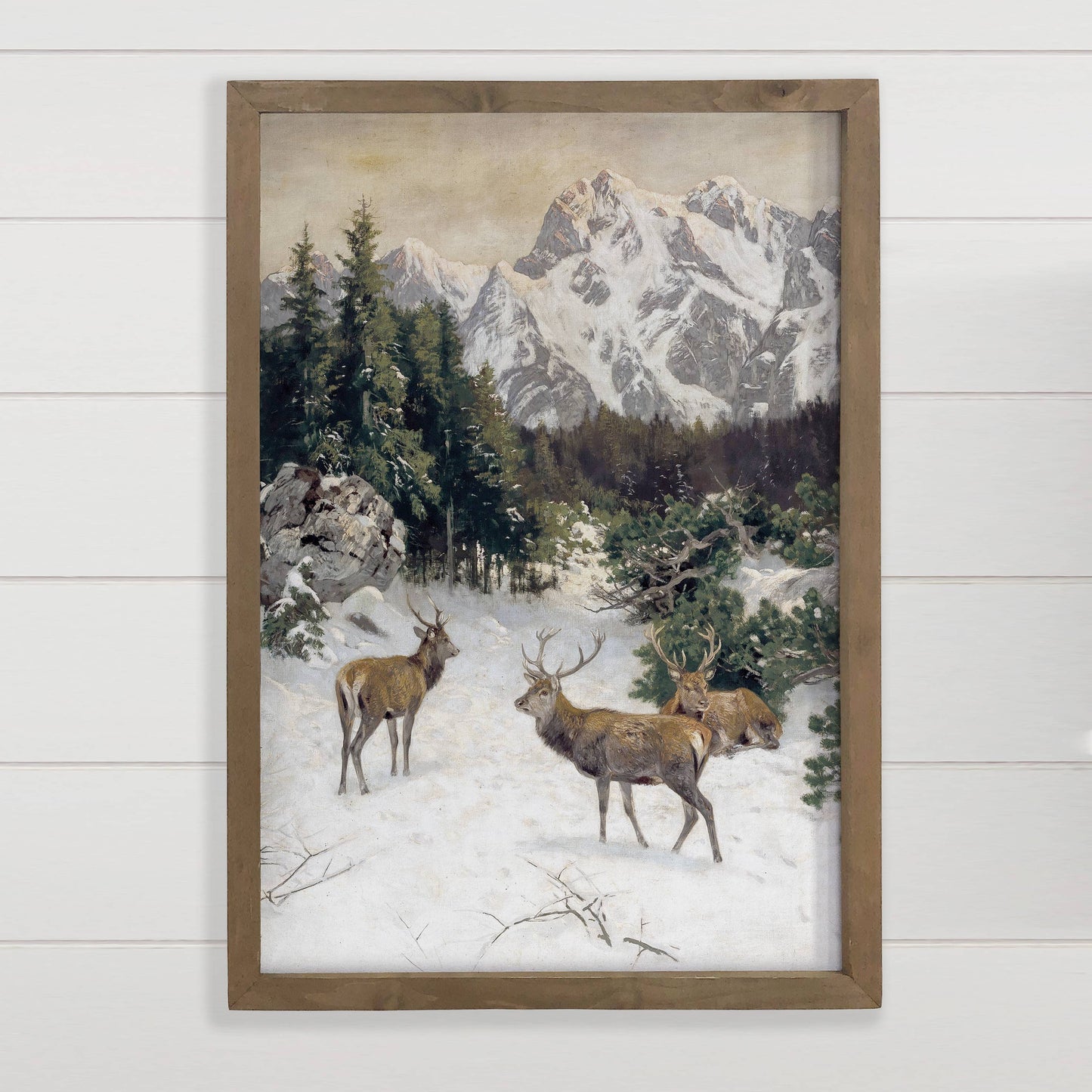Hangout Home - Winter Deer Mountains - Cabin Wall Art - Framed Animal Decor: 24x36" Extra Large Canvas Art with Thick Wood Frame