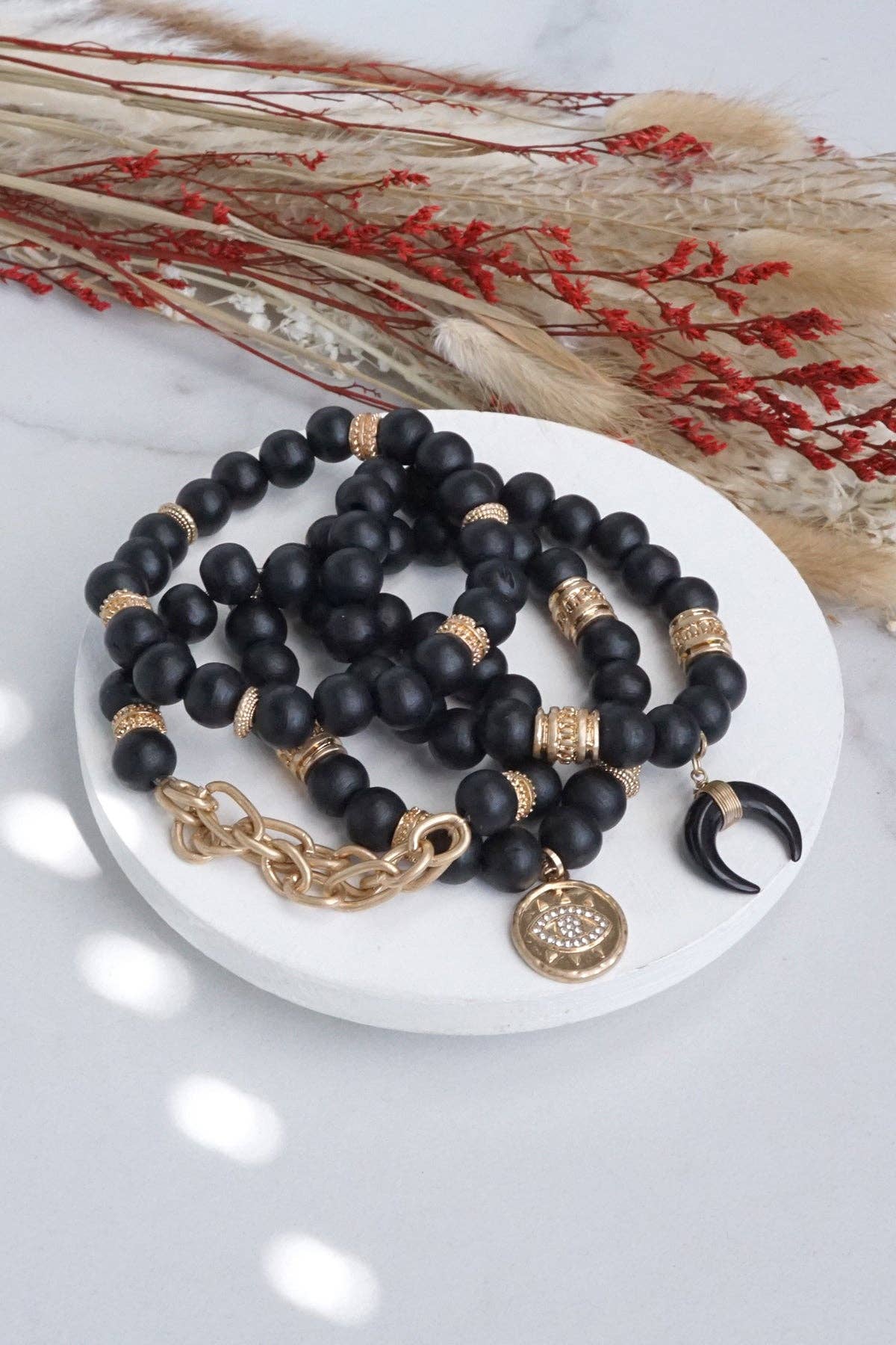 PennyLine inc - Beaded Boho Bracelets set of 4 Gold Coin Black wooden Beads
