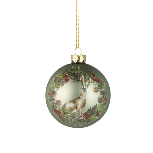 Silver Tree Home & Holiday - G74238-Gls ball orn,pale grn/hare,berry wreath mot,80mm/3in