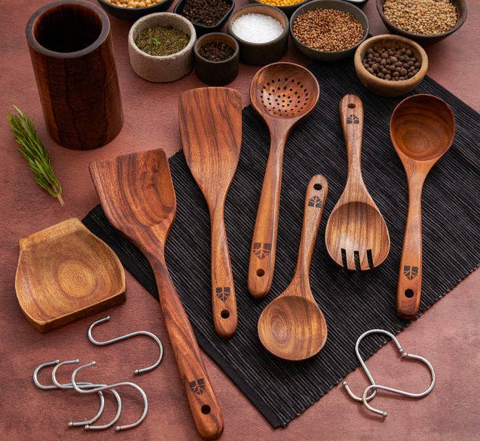 Woodenhouse - 12 pcs Wooden Utensils Set with Holder, Spoon Rest & Hooks