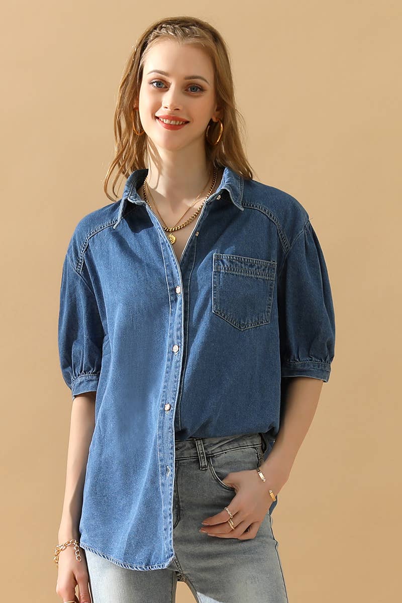 NINEXIS - CWJT0001-B_SHORT PUFF SLEEVE BUTTON DOWN DENIM SHIRTS: DENIM / (M) 1