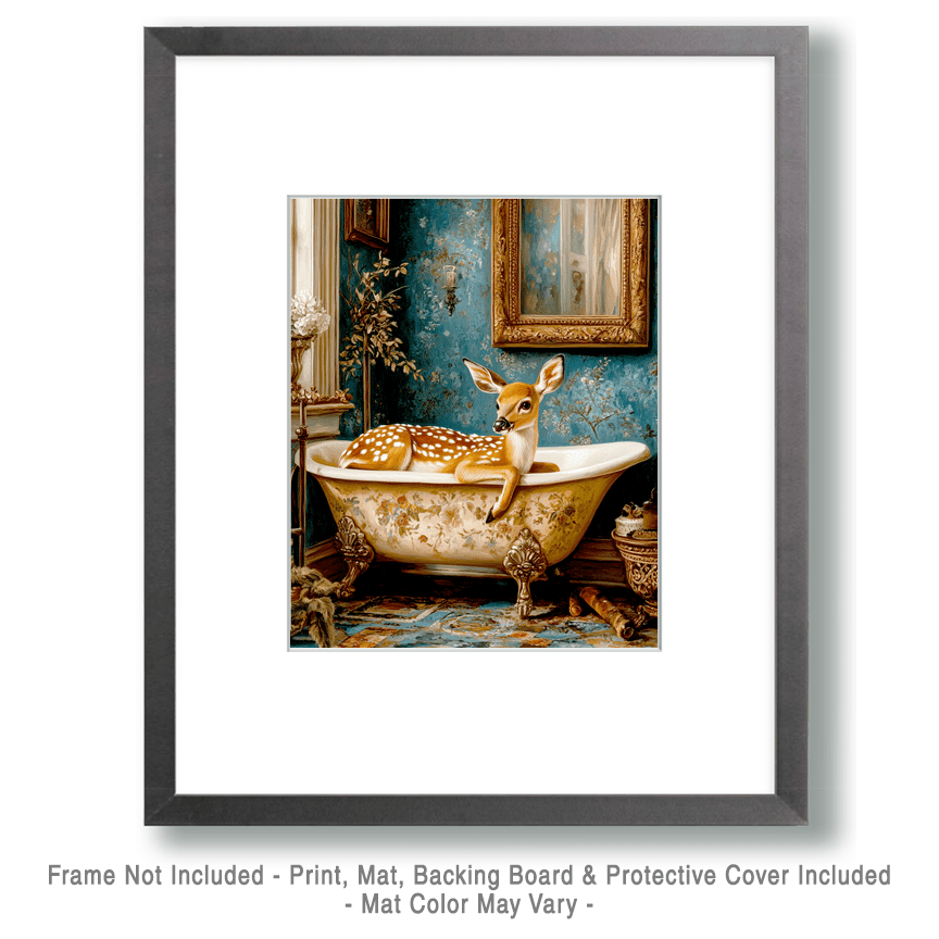 Mowbi - Fawn in Bathtub - Bathroom Wall Art Prints – 8″x10″ Artwork for 11″x14″ Frame