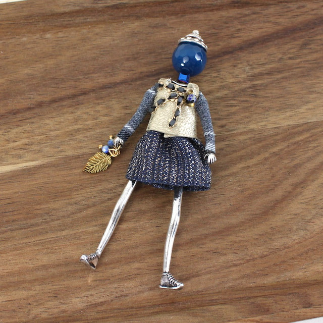 Pretty Persuasions - B24109B Stone Adorned French Doll Stainless Steel Brooch: 06 SL/OLE Moon/Leaf Dress