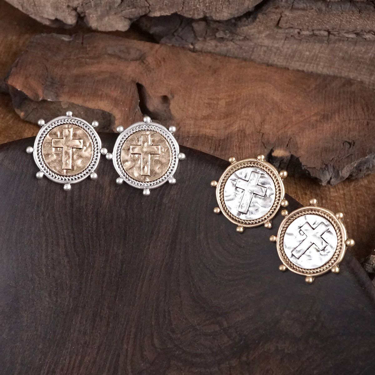 PennyLine inc - Divine Duo – Two-Tone Cross Coin Stud Earrings: Gold Frame-Silver Coin