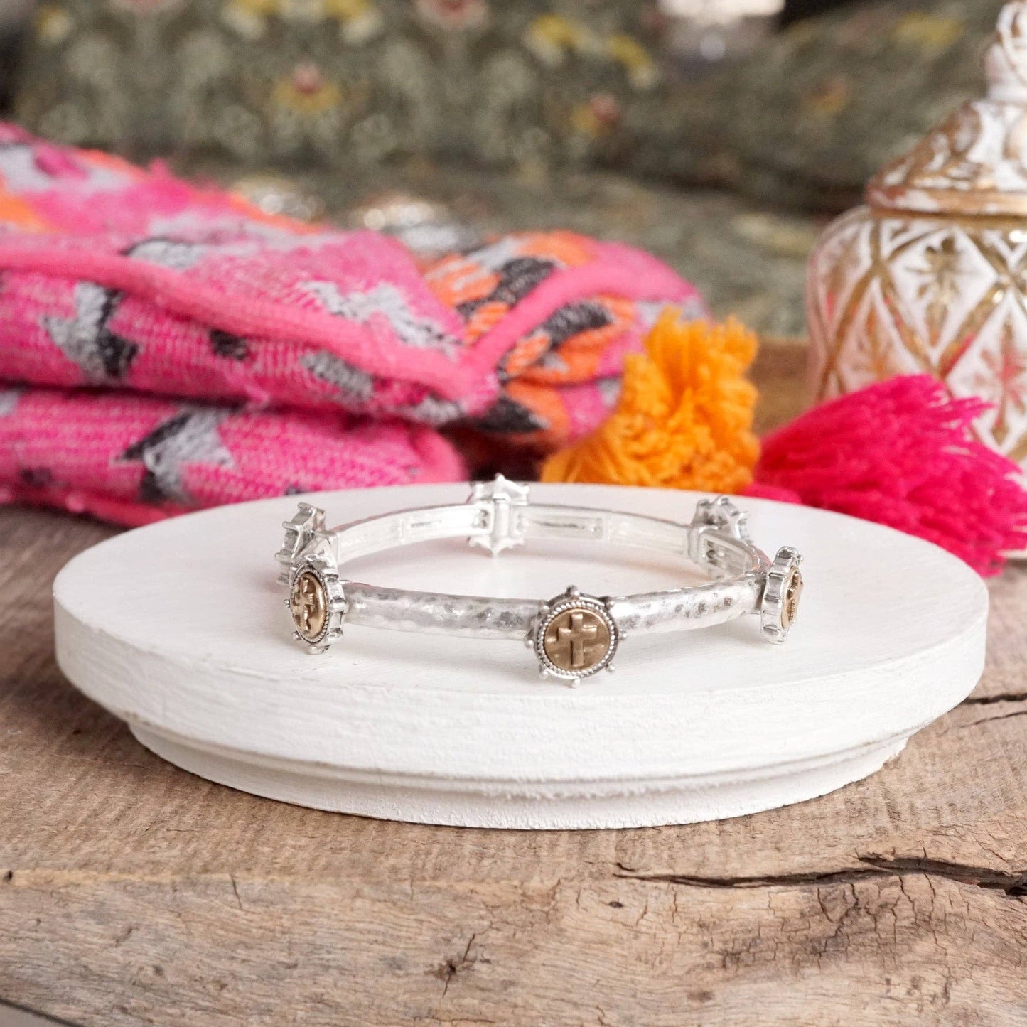 PennyLine inc - Cross Coin Bangle in Worn Silver or Gold Tone: Gold Tone