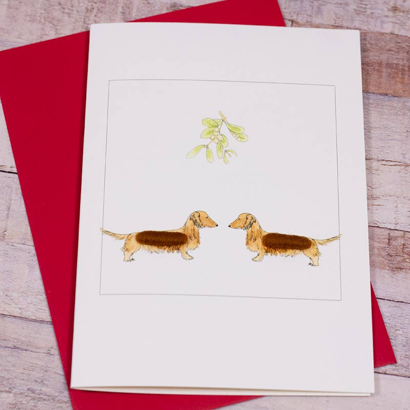 Papersheep UK - Red Dachshunds under the Mistletoe Christmas card| Textured